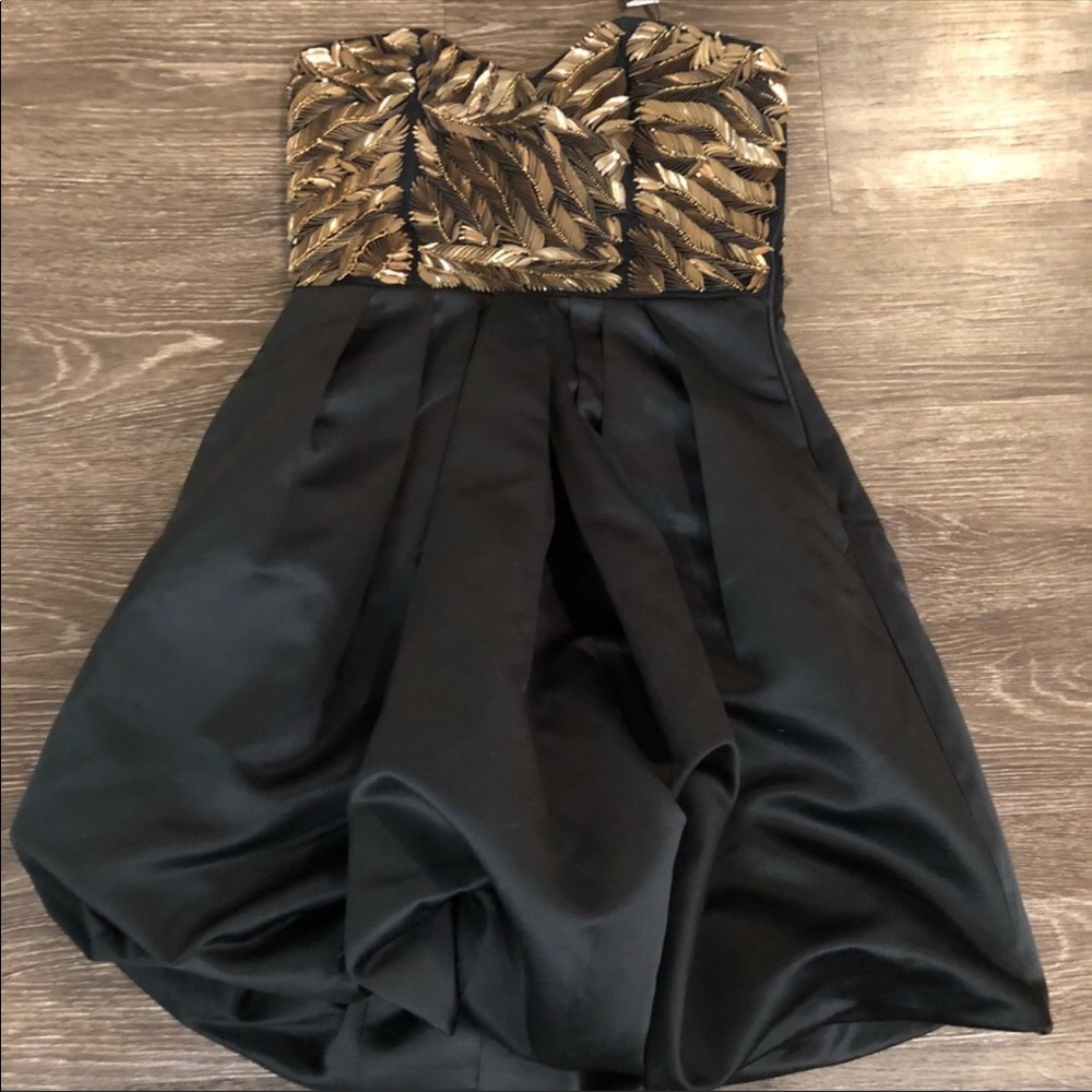 Parker Strapless Gold Sequin beaded black dress